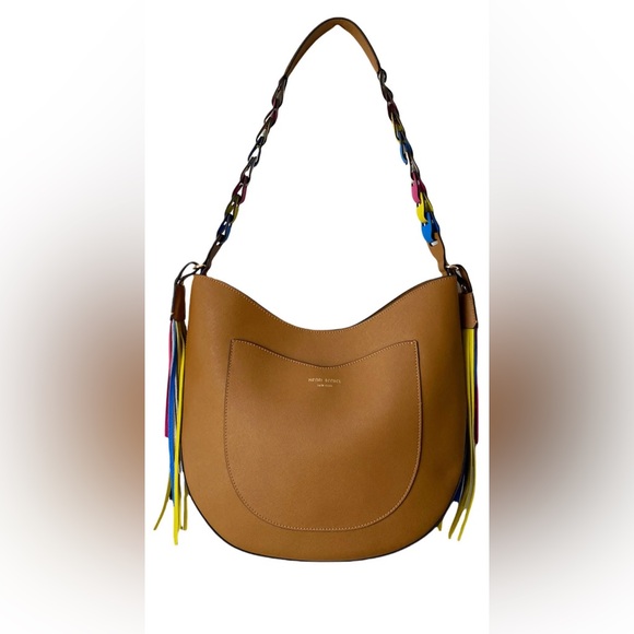 Henri Bendel New York Hobo Shoulder Bag Tan Multicolor Link Strap Fringe Rare - Picture 7 of 9